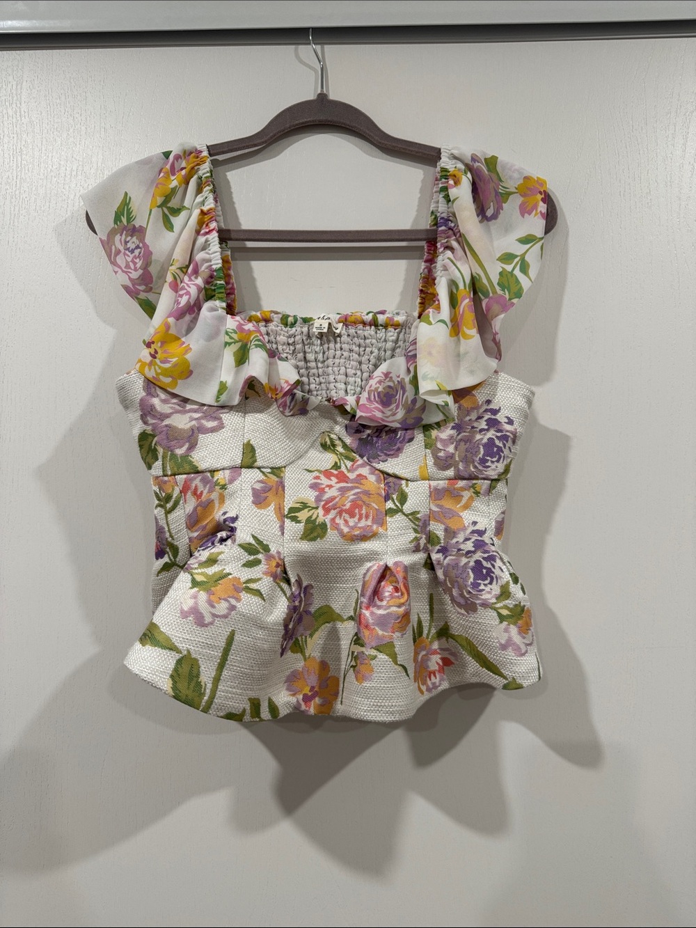 For Love & Lemons White Floral Peplum Camisole with Purple & Yellow Blooms